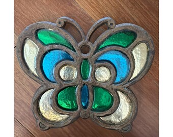 Vintage 70s Stained Glass Look Acrylic Metal Butterfly Trivet Stand