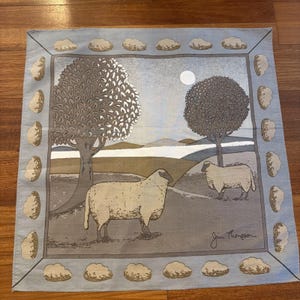 Jim Thompson Vintage Handkerchief Scarf 15.5" X 15.5" Sheep Cloud Border Blue image 3