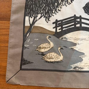 Jim Thompson Vintage Handkerchief Scarf 15.5" X 15.5" Swans Taupe Lake Landscape image 2