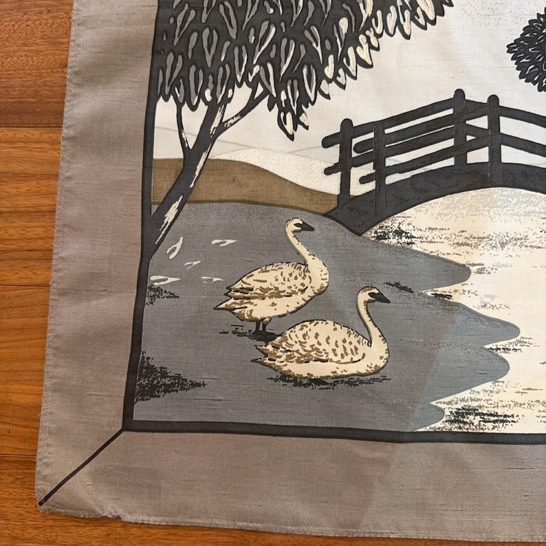 Jim Thompson Vintage Handkerchief Scarf 15.5" X 15.5" Swans Taupe Lake Landscape image 2
