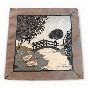 Jim Thompson Vintage Handkerchief Scarf 15.5" X 15.5" Swans Taupe Lake Landscape image 1