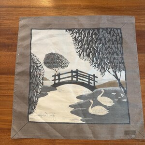 Jim Thompson Vintage Handkerchief Scarf 15.5" X 15.5" Swans Taupe Lake Landscape image 5