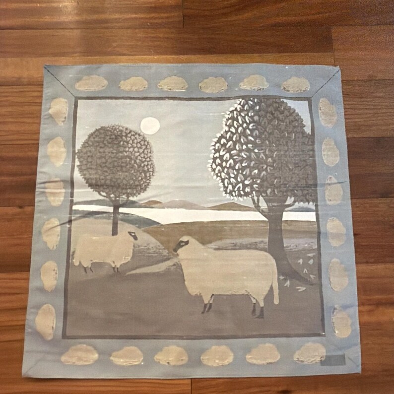 Jim Thompson Vintage Handkerchief Scarf 15.5" X 15.5" Sheep Cloud Border Blue image 4