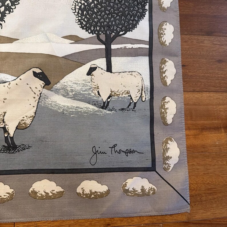 Jim Thompson Vintage Handkerchief Scarf 15.5" X 15.5" Sheep Cloud Border Picture image 2