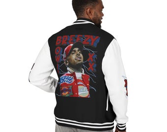 Retro Style Letterman Jacket, Sports Fan Outerwear, Chris Brown Breezy Bowl XX, Trendy Unisex Heavyweight Coat, Vintage Varsity Jacket