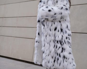 Handmade White Fox Fur Coat with Black Spots - Saga Furs