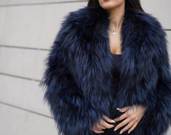Premium  Silver Blue fox fur jacket for woman with collar /Winter fur elegance