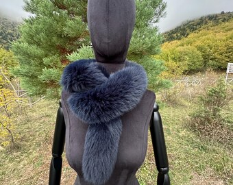 Midnight Blue/Burgundy/Caramel Beige  Fox Fur Scarf
