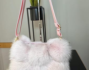 Pink Fox Fur Crossbody Bag: Leather Adjustable Strap, Removable Hardware