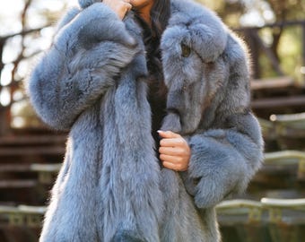 Real Fox Fur Jacket, Fluffy Sky Blue   Fur Coat, Handmade in Greece