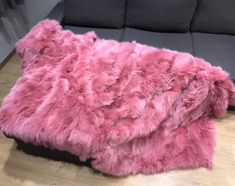 Pastel Pink Fox Fur Blanket with Satin Lining