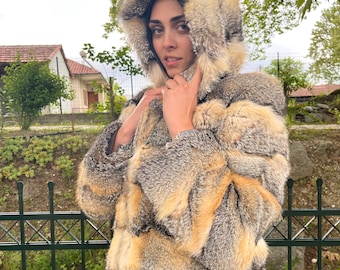 One of a Kind Kit Fox Fur Hooded Jacket Large Size Only