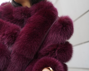 Real Fox Fur Cape: Bordeaux & Black Fluffy Handmade Cape