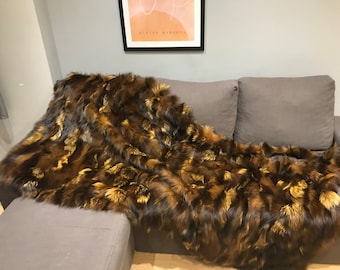 Yellow Silver Fox Fur Blanket: Satin Lined Throw
