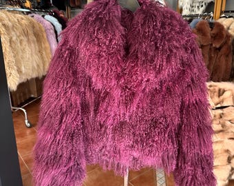 Bordeaux Mongolian Lamp Fur Jacket with long collar