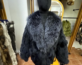 Luxury Blue Black Fox Fur Jacket: Winter Glamour