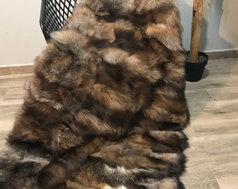 Real Copper Frost Fox Fur Blanket with Satin Lining