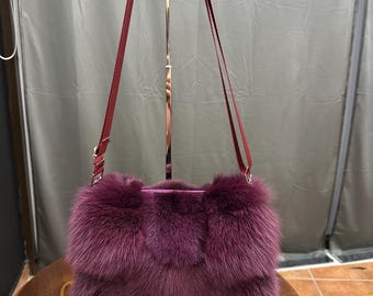 Burgundy/Gray  Fox Fur Crossbody Bag, Adjustable Leather Strap