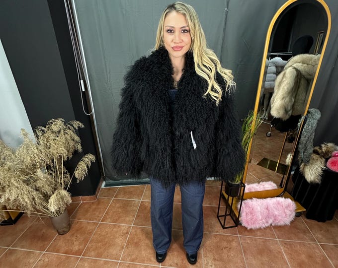Featured listing image: Black / Caramel Beige  Mongolian Fur Jacket