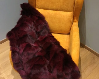 Burgundy Fox Fur Blanket: Satin Lined Throw