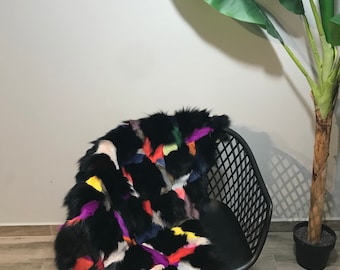 Black Fox Fur Throw Blanket: Rhombus Pattern, Satin Lining