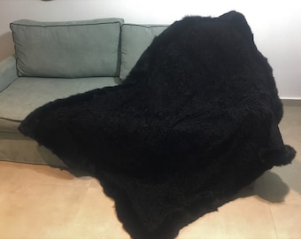 Black Persian Sheep Fur Throw Blanket with Fox Trim