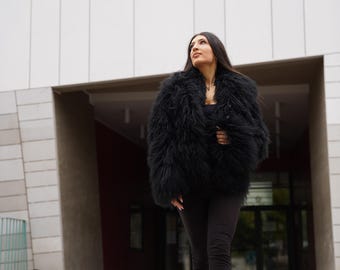 Black & Blonde Beige Mongolian Fur Jacket with long collar