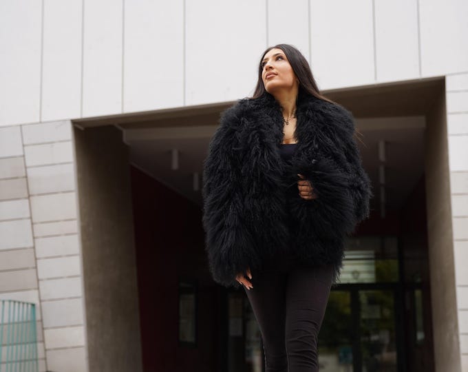 Featured listing image: Black / Caramel Beige    Mongolian Fur Jacket with long collar