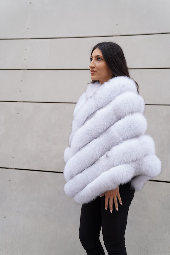 本物のフォックスファーケープ - ハンドメイドのブルー/ホワイトの高級