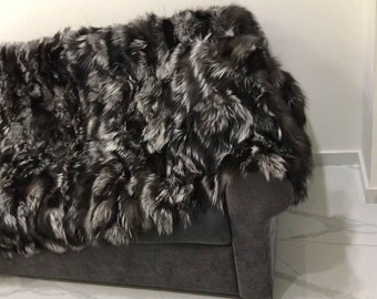 Real Natural Silver Fox Blanket with Satin Lining