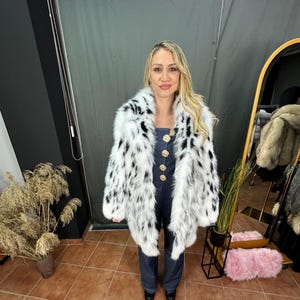Premium fox fur jacket White with Black Poi’s .Genuine fox fur