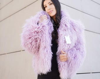 Mongolian fur  Jacket Women Lavender color , Unique Mongolian (Medium Size) One only available