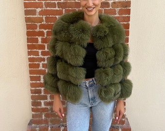 Forest Green Fox Fur Striped Jacket