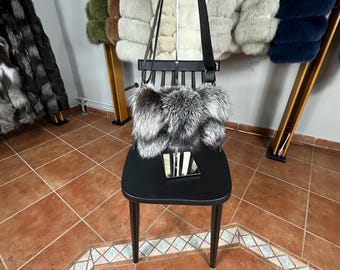 Luxurious adjustable-Strap Crossbody Bag in SILVER/FROST fox fur with Removable Hardware