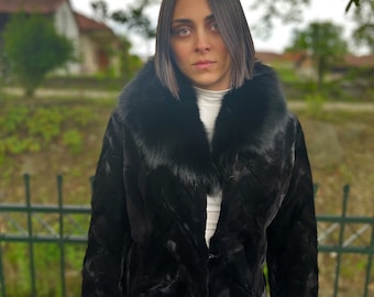 Black Fox Chevron Jacket with Fox Fur Collar