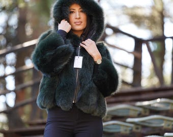 Green Fox Fur Jacket with Hood - Handmade Greek Design