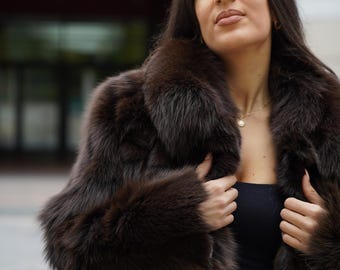 Handmade Dark Brown Fox Fur Coat - Women's Luxury Jacket
