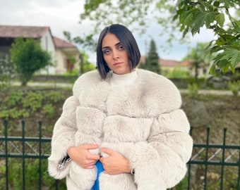 Ice Gray Fox Fur Striped Jacket