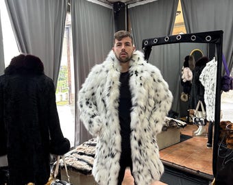 Men’s Fox Fur Coat – White & Black Lynx Style, Handmade in Greece