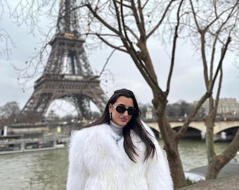 Real White Mongolian Fur Jacket White  with long collar