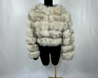 Luxury Light Tone Beige Fox Fur Collarless  Jacket Crop  Style