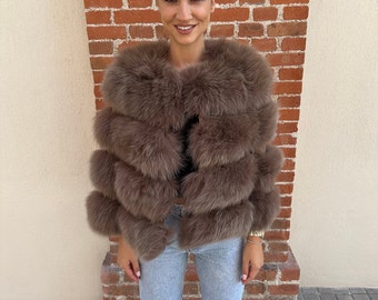 Brown / Moka Fox Fur Striped Jacket