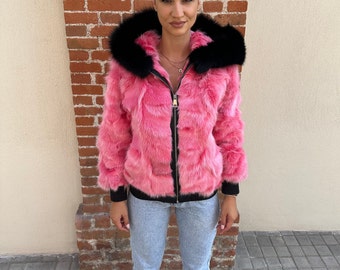 Pink Fox Fur Bomber Hooded Jacket