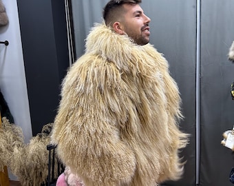 Men’s luxury Black&Caramel Beige Mongolian Lamp fur coat with collar