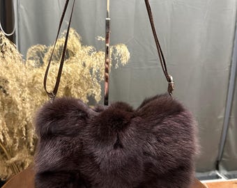 Chocolate Brown/Milk Chocolate /Ocher Fox Fur Crossbody Bag, Adjustable Leather Strap