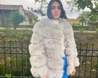 Light Gray Fox Fur Striped Jacket