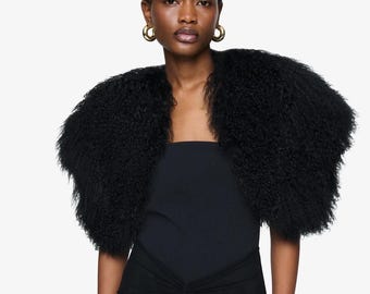 Handmade Mongolian Fur Stole: Black / Burgundy Soft Shawl