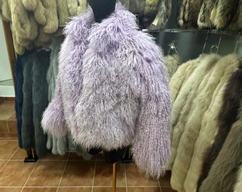 Mongolian fur coat Jacket Women Lavender color , Unique Mongolian (Medium Size) One only available