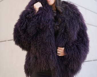 Real Woman Dark burgundy Mongolian jacket with collar