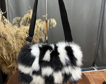 Black&White Chest/Yellow-Black/Lynx  Fox Fur Crossbody Bag, Adjustable Leather Strap